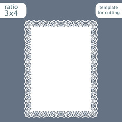 Laser cut wedding invitation card template with openwork border.  Cut out the paper card with lace pattern.  Greeting card template for cutting plotter. Vector.