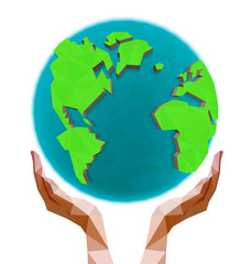 Polygonal hands holding the polygon globe. Day of the Earth. Low poly vector illustration