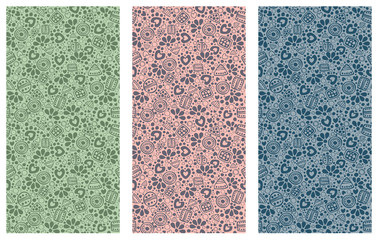 Fototapeta premium Set of seamless vector decorative hand drawn patterns. Ethnic endless background with ornamental decorative elements with traditional motives, tribal geometric figures, dots and flowers.