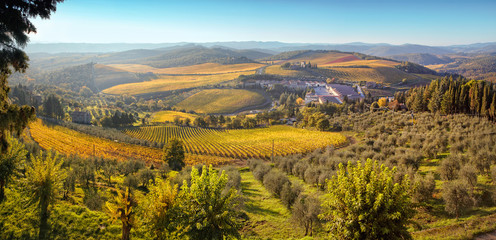 Panorama of the hills of Tuscany at sunset.