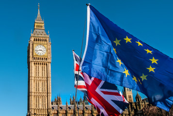 European Union and UK flags in front of Big Ben, Brexit EU - obrazy, fototapety, plakaty