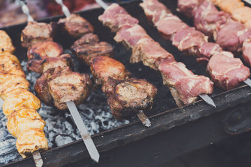 Beef and chicken kebab. Fresh meat at grill, bbq