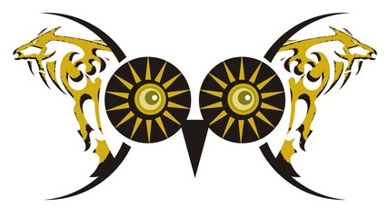 Freakish owl eyes. Fantastic big owl eyes in black and gold tones created by a tribal horse