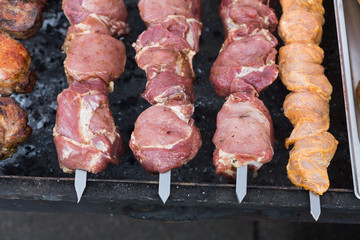 Beef and chicken kebab. Fresh meat at grill, bbq