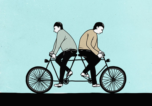 Illustration of male friends riding tandem bicycle in opposite directions