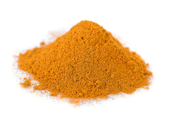 Turmeric (Curcuma) powder isolated on white background closeup