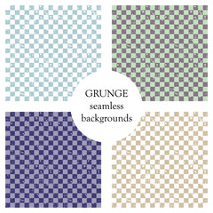 Set of seamless vector patterns. Geometric checkered backgrounds with squares. Grunge texture with attrition, cracks and ambrosia. Old style vintage design. Graphic illustration.