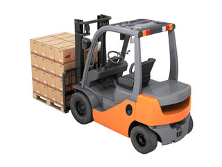 Forklift truck with boxes on pallet without shadow on white background 3d