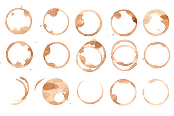 Set of coffee and tea stains isolated on white background