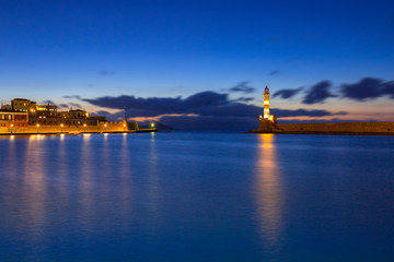 Fototapeta na wymiar Lighthouse of the old Venetian port in Chania, Crete. Greece