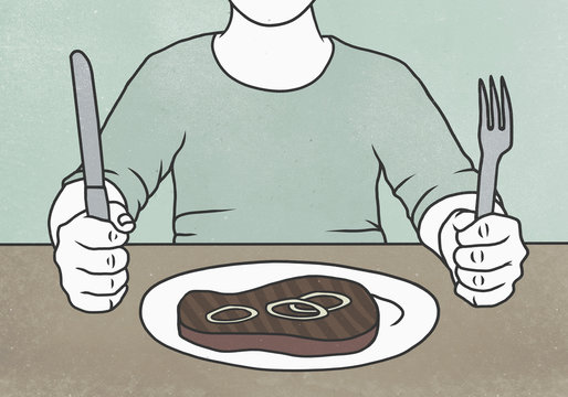Illustration of man sitting at dining table behind steak on plate