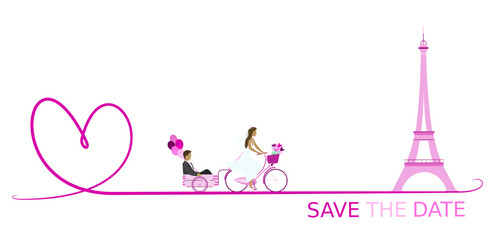 Fototapeta na wymiar Save the date - wedding. Bridal couple with bicycle in Paris and with balloons. Big heart. Pink shade.