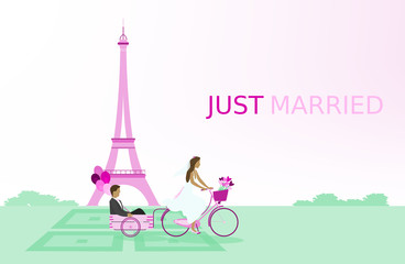 Fototapeta na wymiar Just married - wedding. Bridal couple with bicycle in Paris and with balloons. Pink shade.