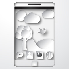 Vector illustration paper cut shadow box smartphone with icons and background