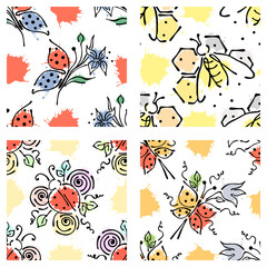 Vector seamless floral pattern with butterfly, apis, ladubug, splash, blots, drop Hand drawn contour lines and strokes Doodle sketch style, graphic vector drawing illustration