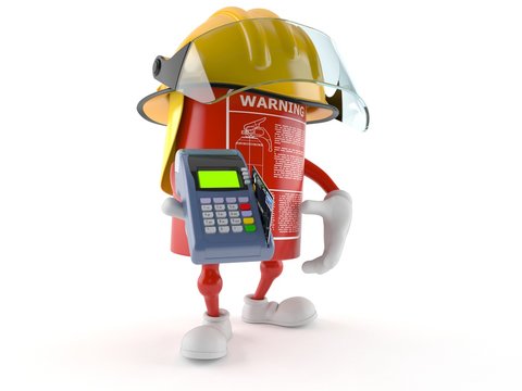 Fire extinguisher character holding a credit card reader
