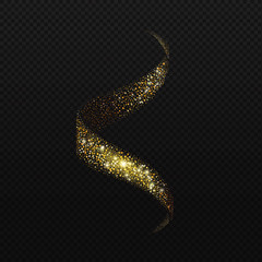 Spiral stream of sparkling glitters confetti. Glowing trail of golden particles on black transparent background