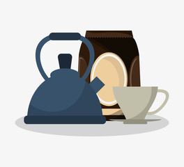 set metallic tea kettle with packaking of coffee and porcelain cup vector illustration