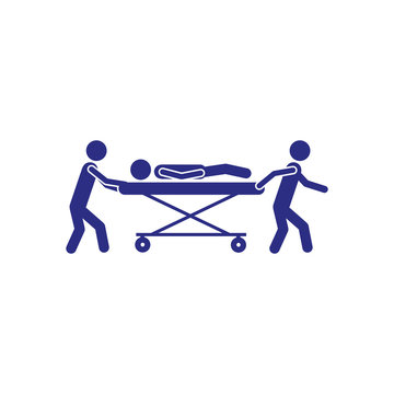 white background with blue pictogram paramedics with patient in stretcher vector illustration