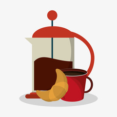 set coffee grinding jar with crank and mug of coffee with croissant vector illustration