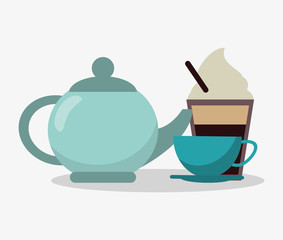 porcelain tea kettle with cup of coffee and glass disponsable of cappucino with cream vector illustration