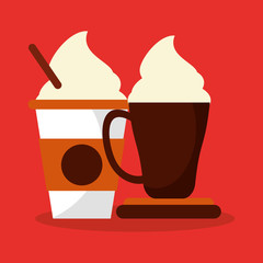 colorful background glass disponsable and mug with of cappucino and cream vector illustration