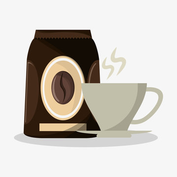 packaking of coffee and porcelain cup with steam vector illustration
