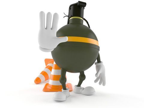 Hand grenade character with traffic cone