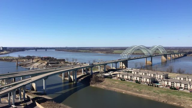 Traffic moves along Interstate 40 crossing the Mississippi River back and forth from Memphis, Tennessee to Arkansas.
