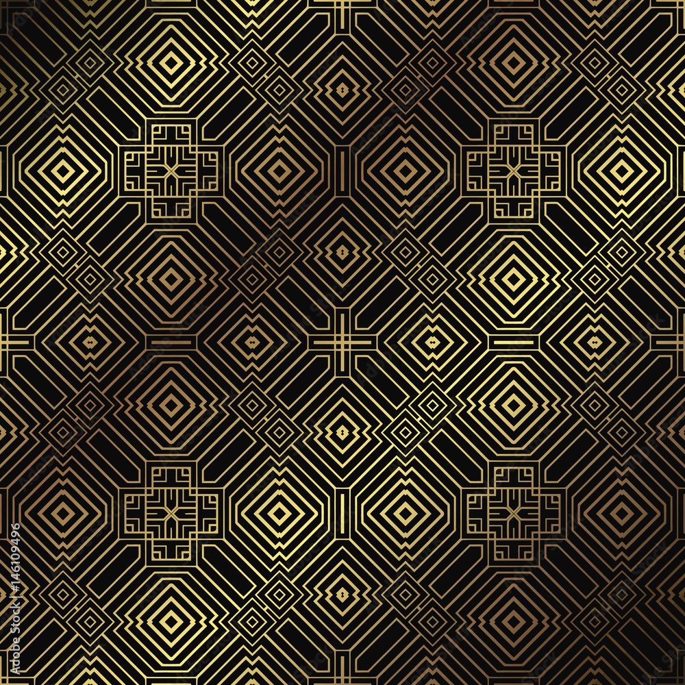 Poster seamless vector ornament. modern geometric symmetrical pattern with repeating golden straight lined 