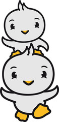 papa mama spaß spielen huckepack rennen laufen junge mädchen schulter kopf cool küken süß niedlich klein baby kind ente vogel comic cartoon
