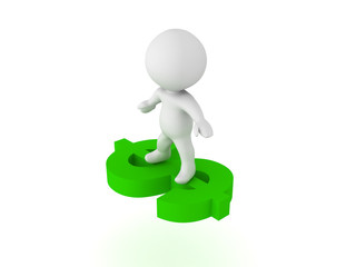3D Character flying on a green dollar symbol