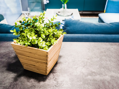 home decoration idea, artificial plants in wooden flowerpot