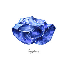 Blue sapphire rough gemstone isolated watercolor. Crystal mineral illustration on white background.