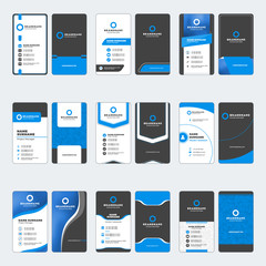 Set of modern business card print templates. Vertical business cards. Blue and black colors. Personal visiting card with company logo. Vector illustration. Stationery design