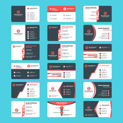 Set of modern business card print templates. Horizontal business cards. Red and black colors. Personal visiting card with company logo. Vector illustration. Stationery design