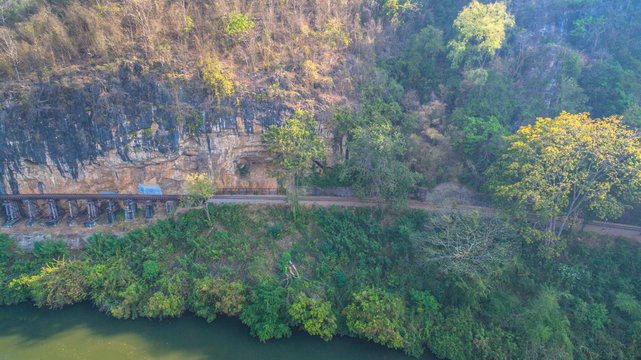 Tham Krasae amazing railway pass the cliff and river
