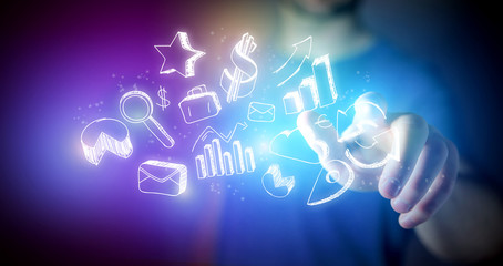 Man touching hand drawn business icons on a technology futuristic interface