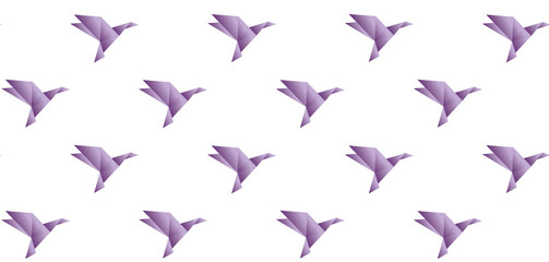 Pattern with purple origami birds on the whitel background