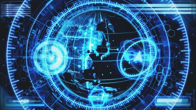 3D Blue HoloMatrix Earth with Navigation HUD Interface in the Center
