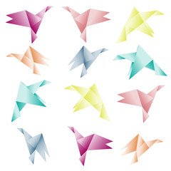 Set of colored origami birds on the white background