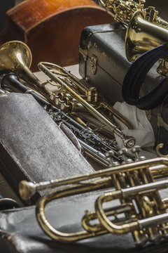 High angle view of brass musical instruments