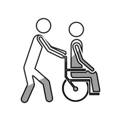 grayscale silhouette with person helping another push a wheelchair vector illustration