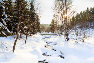 Belokurikha river in winter. Resort Belokurikha, Altai. Russia