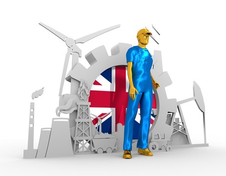 Young Man Wearing Apron. Bearded Worker At Industrial Isometric Icons Set With Britain Flag. 3D Rendering. Metallic Material. Energy Generation And Heavy Industry.