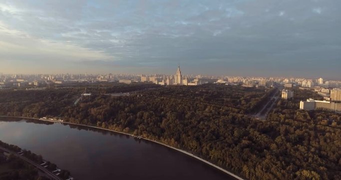 View of the Sparrow Hills. Moscow aerial high altitude drone flight. UltraHD 4K.