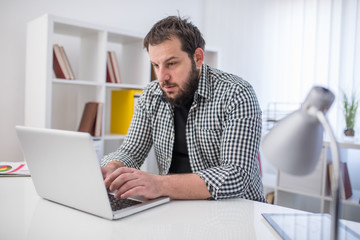 Handsome businessman working with laptop in office