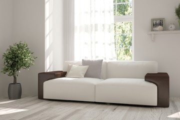 White room with sofa and green landscape in window. Scandinavian interior design. 3D illustration