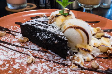 Chocolate brownie with ice cream