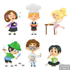 Illustration of kids children jobs and professions Cartoon characters Singer, baker, ballerina, detective, scientist, writer